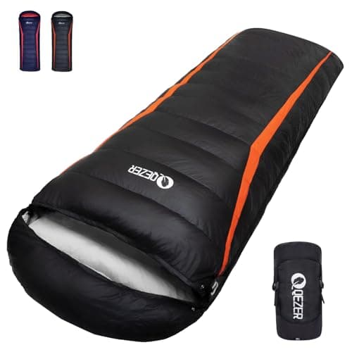 QEZER Down Sleeping Bag,Lightweight Rectangular Winter Sleeping Bag [1180g/1860g] for Adults and Kids 4 Season Camping, Hiking,Warehouse and Moutaineering Outdoor (Black, 600g down)