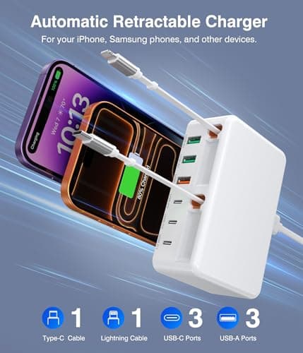 120W USB C Fast Charger with Dual Retractable Cables,8-in-1 Retractable USB Plug UK Charging Station,Travel Essentials Multiport USB Power Hub for iPhone 17 16 15 14,iPad,5ft Cord — view 3