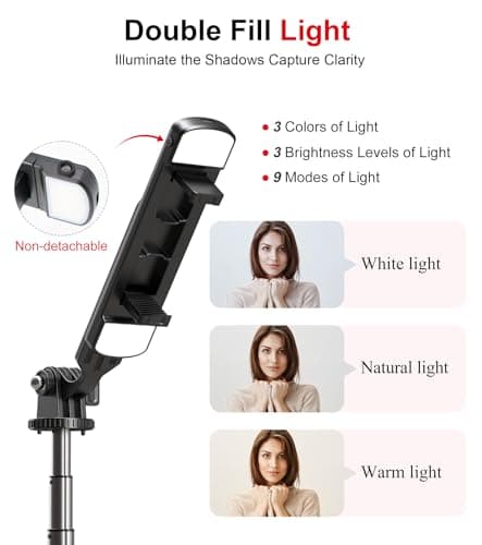 Selfie Stick Phone Tripod with Remote and LED Fill Lights - ASHINER 180cm Heigh Cell Phone Holder for Travel, Vlogging, Live Streaming Video and Photos, Compatible with iPhone and Android — view 4