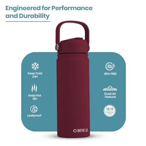 OMNIA NUTRIENTS Vacuum Insulated Stainless Steel Water Bottle, 2 Lids (Straw & Spout) Leakproof, BPA-Free, Reusable Flask Ideal for Travel and Outdoors (Burgundy - 540 ml) — view 2