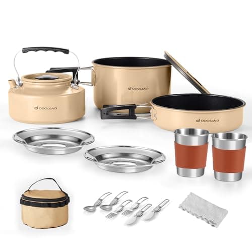Odoland Camping Cookware Set Non-Stick Pot and Pan Set with Kettle, Stainless Steel Utensils Mess Kit, Cups Plates Knives Spoons Forks for Outdoor Cooking