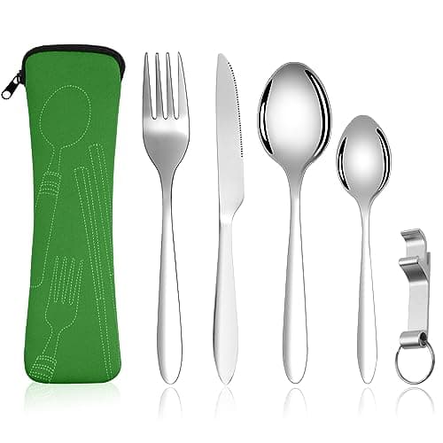 Vicloon 5 Pcs Cutlery Set with Portable Pouch Case, Stainless Steel Flatware Set with Bottle Opener, Travel Cutlery Set with Spoon, Knife, Fork, for Camping Picnic Office School Lunch, Green