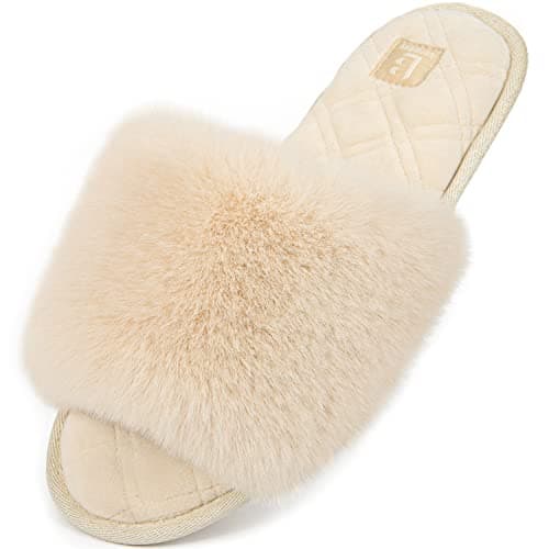 LongBay Women Summer Slippers Open Toe Memory Foam Ladies Sliders Beige,3-4