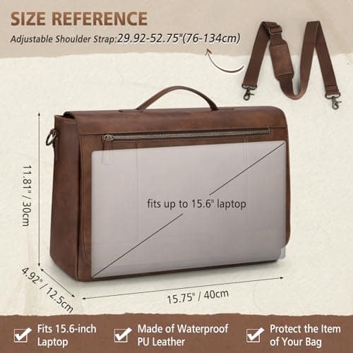 RAINSMORE Leather Messenger Bag for Men 15.6 Inch Waterproof Laptop Bag Vintage Computer Briefcase Large Shoulder Satchel Bags for Work Business Office College — view 6