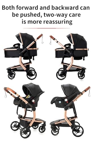 Magic ZC PU Leather 3 in 1 Pushchair Pram Travel System, Baby Stroller 3 in 1 with Reversible Two Pushing Modes, Newborn Infant Carriage One-Click Folding, Toddler Buggy Aluminum Frame (White 518) — view 5