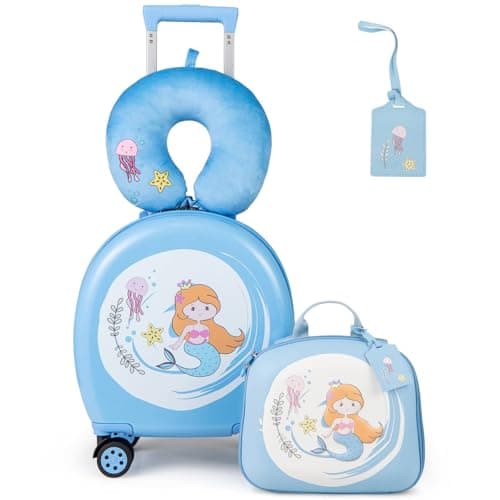 GYMAX 4Pcs Kids Luggage Set, 10” Backpack & 14” Children Hardshell Suitcase with Wheels, Neck Pillow & Name Tag, Toddler Carry On Luggage Set for Travel School (Blue+White)