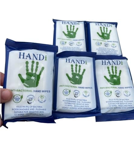 Incofend Handi 5 Packs Antibacterial Wet Wipes Hand Sanitizing Travel Disinfectant Camping Pocket Sports Gym Alocohol Plastic Free Flushable Biodegradeable Body Toilet Sanitising Adults Kids