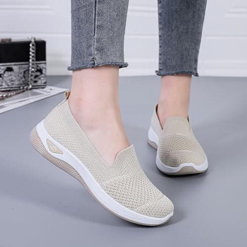 Summer Trainers for Women Arch Support Road Running Shoes Lightweight Mesh Breathable Sneakers for Gym Fitness Jogging Walking Size UK 5.5 Beige — view 3