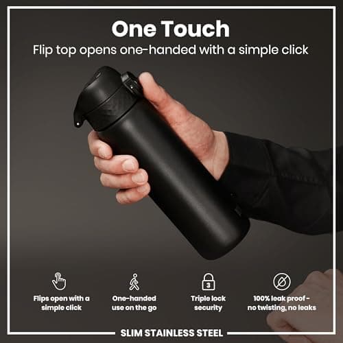 Ion8 Lightweight Steel Water Bottle, 600 ml/20 oz, Non-Insulated, Leak Proof, Easy to Open, Secure Lock, Dishwasher Safe, Flip Cover, Fits Cup Holders, Carry Handle, Metal Water Bottle, Black — view 3