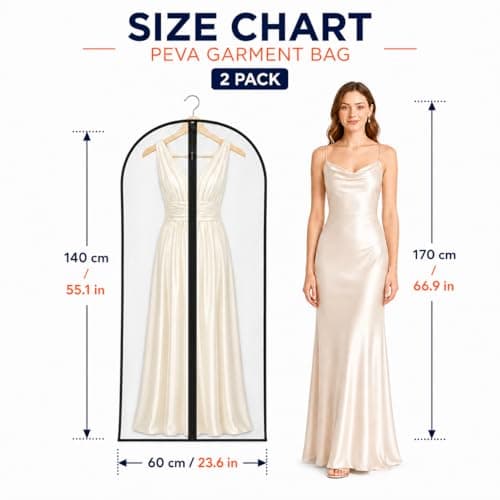 Sytinnice 2 Pack Dress Bags Covers Long 60 x 140 cm / 24 x 55 in, PEVA Transparent Hanging Garment Bags with Zipper, Waterproof Dustproof Clothes Covers for Wedding Dress, Gowns, Suits, Coats — view 3
