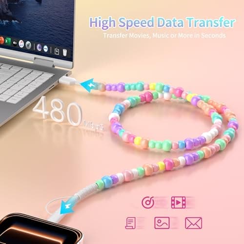 Coolden Multi Charger Cable 2 in 1 USB to USB C Cable for iPhone Charger Cables Fast Charge 60W 3.3FT Girls Cute Beaded Phone Charger Cables for iPhone 17 16 15 14 13, Galaxy S25 S24, iPad-Colorful — view 3