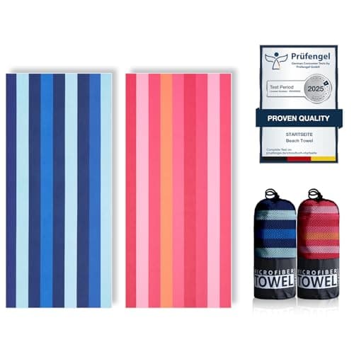 Microfibre Beach Towels for Adults - 200x90cm 2 Pack Extra Large Beach Towels in Gift Boxed, 250 GSM, Sand Free, Lightweight & Quick Dry Beach Towel for Swim, Travel and Gym(Pink Stripe & Blue Stripe)
