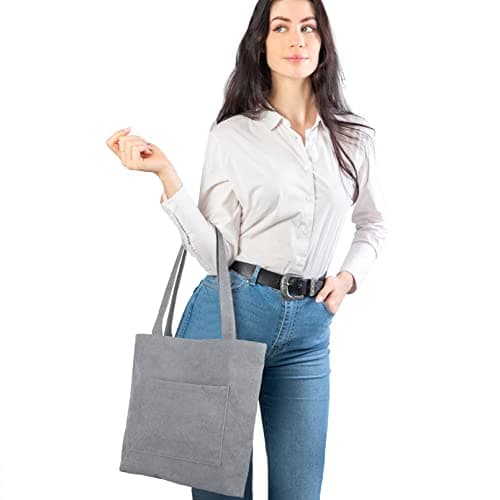 Kememo Corduroy Tote Bag with Zip, Shoulder Bag Women's Hobos Handbags Large Capacity Shopping Bag with Inner Pocket, Grey — view 2