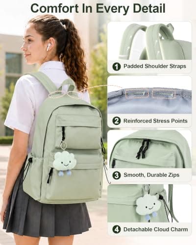 FIORETTO Backpack Womens School Bag Girls Boys, Lightweight Water-Resistant Fits 15.6” Laptop Large Capacity Rucksack with Anti-Theft Pocket, Ideal for School College Commuting Travel Sage Green — view 5