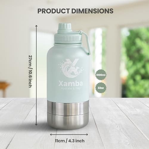Xamba 3-in-1 Dog Travel Water Bottle 32oz (1000ml) – Stainless Steel Leak-Proof Pet Water Bottle with Detachable Food & Water Bowls for Walking, Hiking & Travel (Mint Green) — view 5