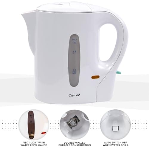 Crystals Cordless Small Plastic Electric Kettle, 1 Litre 830W Low Wattage Kettle for Bedroom Travel Camping Office, Portable Lightweight Water Tea Kettle, White/Grey — view 6