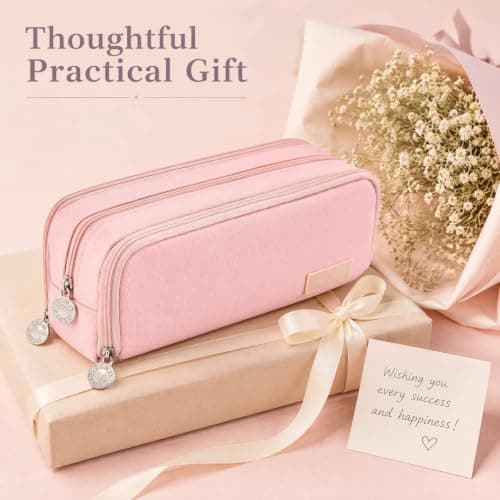 Large Capacity Pencil Case 3 Compartment Pouch Pen Bag for School, Pink — view 4