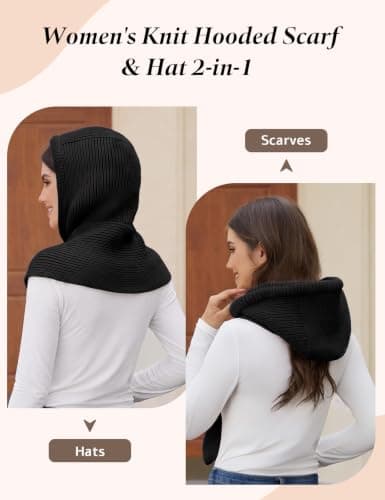 heekpek Hooded Scarf for Women 2 in 1 Hat Scarf Black — view 3