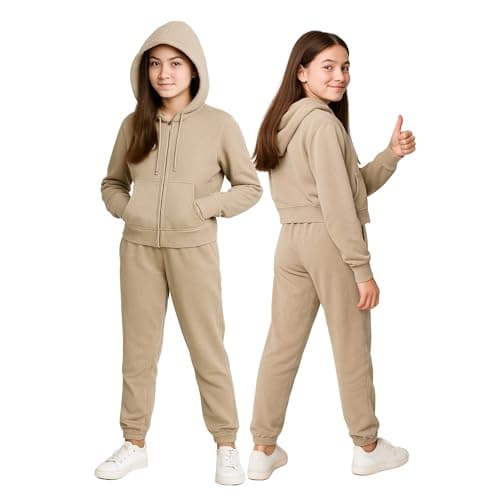 DELLMOOR Girl’s 2 Piece Tracksuits Teenagers Two Piece Terry Cotton Activewear Long Sleeve Outfit Zipped Fleece Hoodie and Jogging Bottom Set for Girls, Beige, 13-14 Years