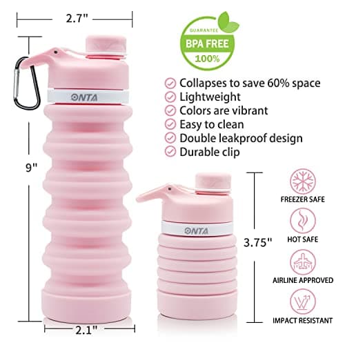 ONTA Collapsible Water Bottle- BPA Free Silicone Foldable Water Bottle for Travel, FDA Approved Food-Grade Silicone Portable Leak-Proof Travel Water Bottle, 20oz Pink — view 3