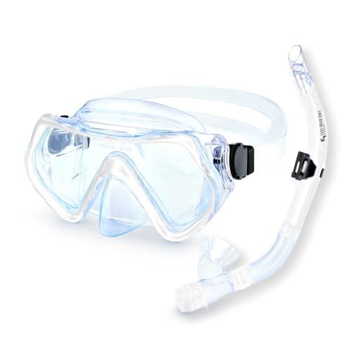 Two Bare Feet Adult PVC Snorkel & Mask Set – Anti-Fog Tempered Glass Diving Mask with Adjustable Snorkel for Snorkelling, Swimming & Scuba Diving (White)