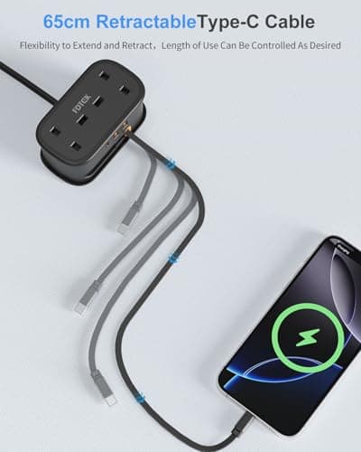 UK to US Plug Adapter with 1.5M Extension Cable, FDTEK 2 Way Travel Extension Lead with 3 USB Slots & Retractable USB C Cable, Type B Travel Adapter for American, Thailand, Canada, Mexico — view 3
