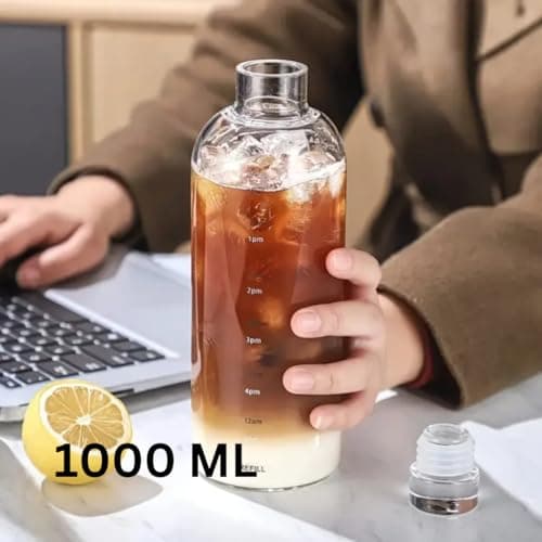 1 Litre Glass Water Bottle with Glass Lid | Large-capacity 34oz Desk Bottle With Time Markings | BPA Free Drinkware 1000 ml — view 3