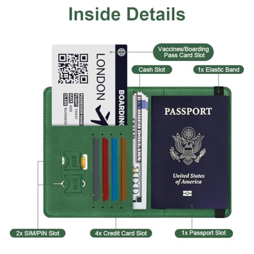 AOOSU Passport Holder Cover, PU Leather Passport Cover with RFID Blocking Travel Wallet, Portable Universal Travel Wallet Case Organiser for Money, Boarding Passes, Credit Cards Green — view 3