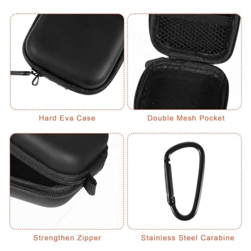 ElevateTech Storage Case for Qutie Label Maker, 2 Pcs Mini Round Earbud Case Portable Square Earphone Carrying Cases with Carabiners Hard EVA Headphone Storage Bag for Earphone Earbud, Black — view 3