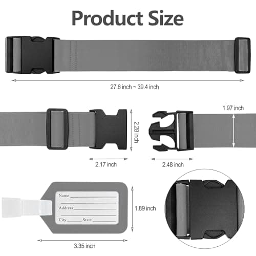 Aulese 2 Pack Luggage Straps, Adjustable Suitcase Straps with Luggage Tags, High-Visibility Luggage Straps for Suitcases, Travel Accessories Luggage Belt for Baggage (Grey) — view 3