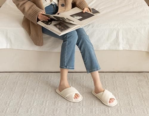 GOEWY Slippers for Women Memory Foam House Bedroom Corduroy Crossbands Open Toe Slides Sandals Shoes Comfy Trendy Gift for womens Anti-Skid sole, Beige, 5/6 UK — view 2