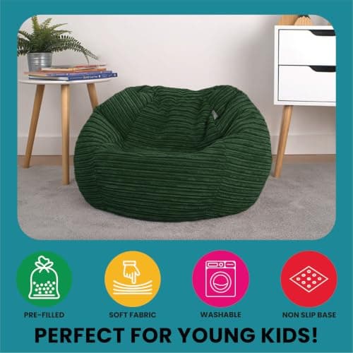 Bags of Beans Corduroy Kids Bean Bag Chair - Machine Wash - Forest Green — view 6