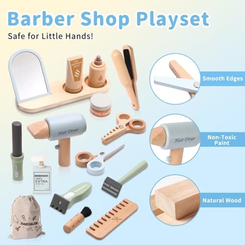 FIIOEOY Wooden Hairdresser Set for Kids Role Play Toys Kids Barber Shop Playset Hairdressing Set, Educational Montessori Hair Salon Pretend Play Kit Gift for 3 4 5 Year Olds Boys Girls — view 2