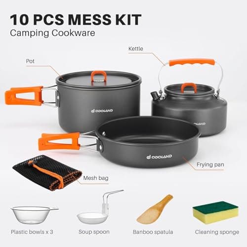 Odoland Camping Cookware Set, 10-Piece Outdoor Tableware with Camping Pot, Frying Pan and Teapot for Outdoor Cooking, Hiking, Traveling — view 3