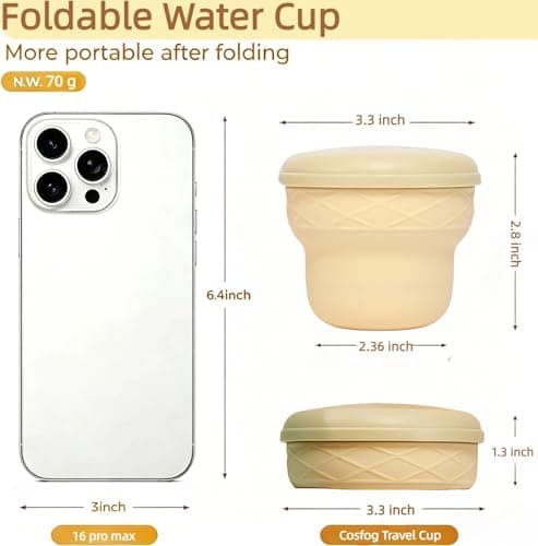 Collapsible Travel Cup 7oz Silicone Foldable Water Cup, Cute Ice Cream Cone Shape, Macaron Colors, BPA-Free with Lid - Portable Drinking Cup for Camping, Hiking & Outdoor Travel (Cream Color) — view 3