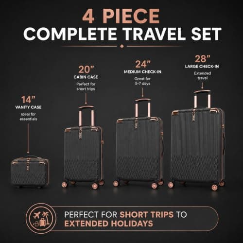 XPLR 4 Piece Hard Shell Luggage Set - Durable ABS Lightweight Suitcase - 14" 20" 24" 28" Cabin Carry On - TSA Lock - 360° Spinner Wheels - Rose Gold Trim & Vanity Case (Urban Graphite) — view 2