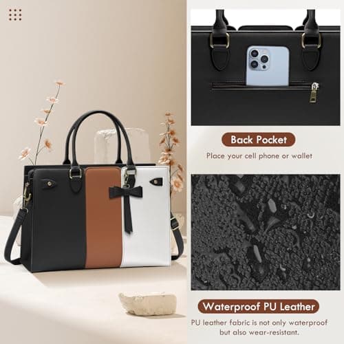 RAINSMORE Laptop Bags for Women PU Leather Work Bags for Women Tote Bag Large Handbag Shoulder Bag for Office 15.6 Inch Business Black with White and Brown — view 3
