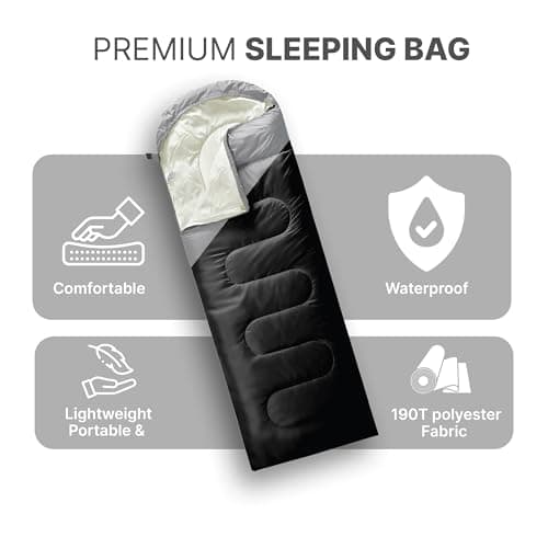 azark Premium Lightweight Sleeping Bag for Adults & Kids, 400 GSM, 4 Season Waterproof Sleeping Bag, Comfortable & Portable, Machine Washable, Camping & Hiking Essential (Black/Grey) — view 2