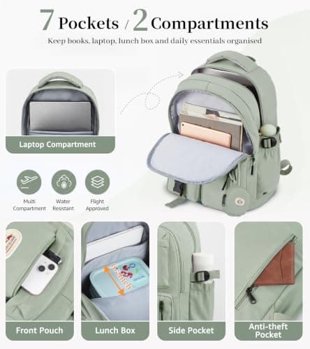 BECOJADDE Backpack School Bag for Women and Girls, 15.6" Laptop, Green 25L — view 4
