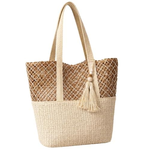 QhgPnt Straw Woven Beach Shoulder Bags, Straw Beach Bag with Zip Closure, Summer Bags for Foldable Women, Straw Bags for Travel Vacation Shopping Picnic, Straw Bags Summer Bag for Outdoor Use