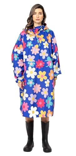 Adult Blue Floral Rain Poncho, Lightweight Waterproof Hooded Rain Coat