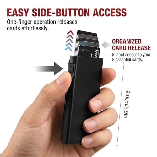 Pop Up Card Wallet RFID Blocking Slim Aluminum Card Holder for Men, Automatic Mens Card Holder Wallet, Smart Wallet Minimalist Metal Credit Card Case, Black — view 2