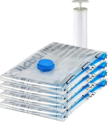 Amazon Basics Vacuum Compression Zipper Storage Bags with Hand Pump - 4 Pack, X-Jumbo, Polyamide, Clear