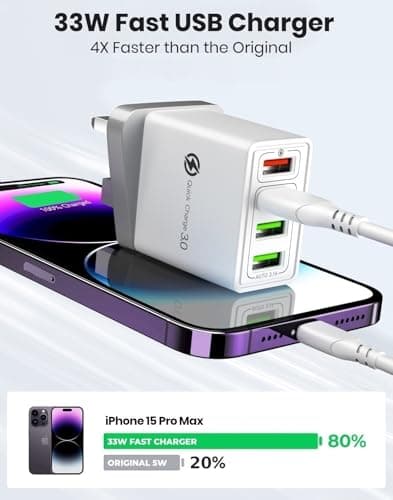Fast Charger Plug USB Charger – Ultra Fast 4 Port Multi USB Plug Adaptor UK – 33W Quick Charge 3.0 Wall Charger Adapter – Phone Charger Plug Fast Charging for iPhone, Samsung, iPad and more — view 2
