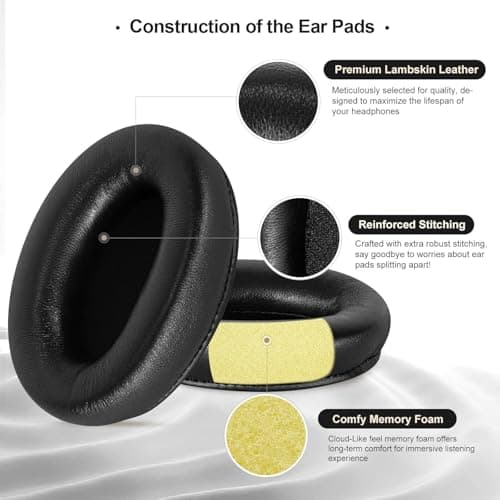 WH-1000XM3 Replacement Ear Pads for Sony XM3 Noise Cancelling Headphones, Genuine Lambskin Leather Earpads Cushions with Softer Acoustic Memory Foam, Extra-Thickness (Black) — view 3