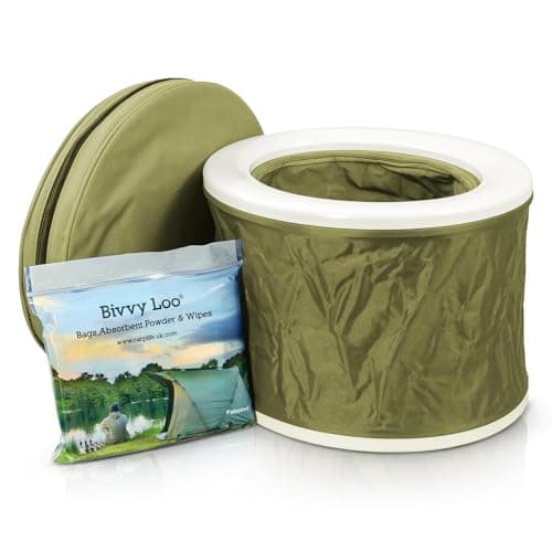 CarpLife Bivvy Loo Kit - Folding Portable Toilet with Liners, Waste Powder, Wipes - Collapsible Fishing Toilet, Festival Potty, Porta Potty Bucket, Portable Loo for Camping, Hiking & Road Trips, Green