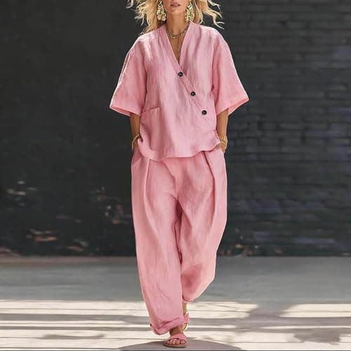 festival outfit women Co Ord Sets for Women Cotton Linen 2 Piece Plus Size V Neck Tops & Wide Leg Trousers Summer Fashion Loose Comfy Vacation Travel Airport Outfits Pink L — view 2