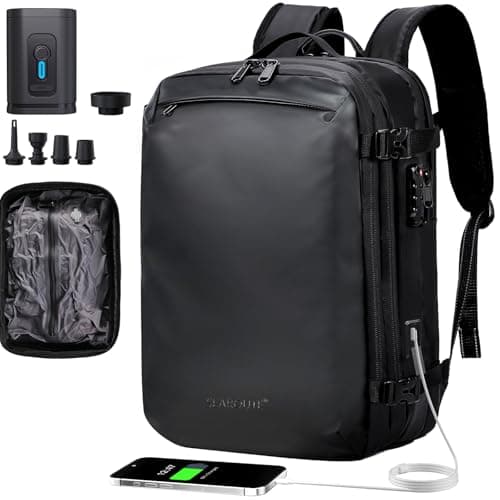 H.yeed Vacuum Backpack Travel Bag with Pump, Expandable 60L Travel Rucksack with USB/Type-C Charging Port&TSA Lock, Waterproof Lightweight Business Laptop Backpack, Fits 17.3 Inch Laptop-Black