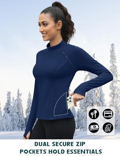 IECCP Women's Thermal Long Sleeve Shirts Mock Turtleneck Underwear Fleece Lined Workout Base Layer with Zipper Pockets and Thumb Hoes M Navy Blue — view 4