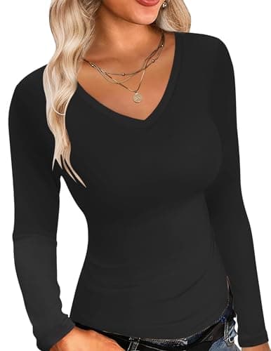 Ekouaer Womens 1&3 Pack Long Sleeve Shirts Sexy V Neck Tee 1pcs Black L
